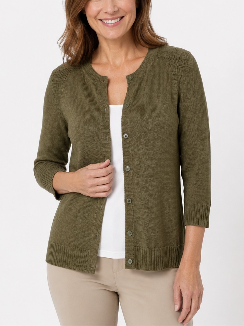 Coldwater Creek Cardigan Sweater Womens M 10-12 Olive Green Cotton Button Knit
